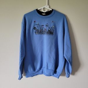 Top Stitch by Morning Sun Vintage  Embroidery Blue Crew Neck Sweatshirt Sz M